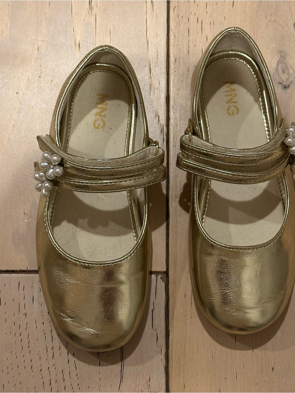 Mango Gold Mary Jane Shoes with Pearl Cluster